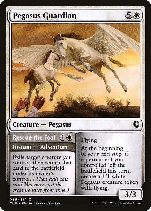 Pegasus Guardian // Rescue the Foal, carta Magic di tipo Creature — Pegasus // Instant — Adventure illustrata da Leanna Crossan