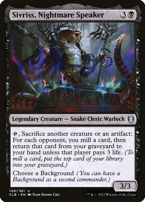Sivriss, Nightmare Speaker, carta Magic di tipo Legendary Creature — Snake Cleric Warlock illustrata da Tuan Duong Chu