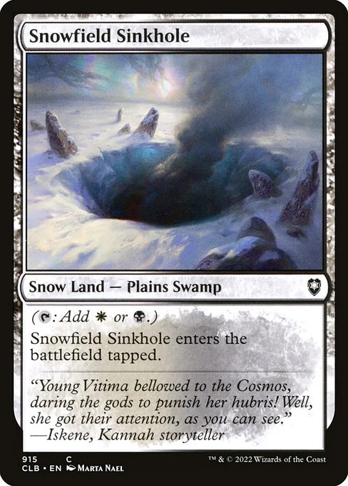 Snowfield Sinkhole, carta Magic di tipo Snow Land — Plains Swamp illustrata da Marta Nael