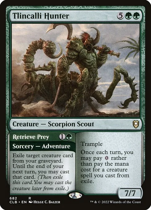Tlincalli Hunter // Retrieve Prey, carta Magic di tipo Creature — Scorpion Scout // Sorcery — Adventure illustrata da Helge C. Balzer