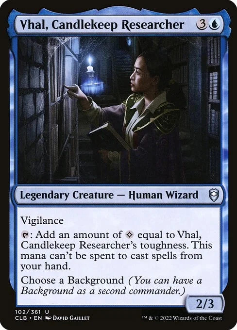 Vhal, Candlekeep Researcher, carta Magic di tipo Legendary Creature — Human Wizard illustrata da David Gaillet
