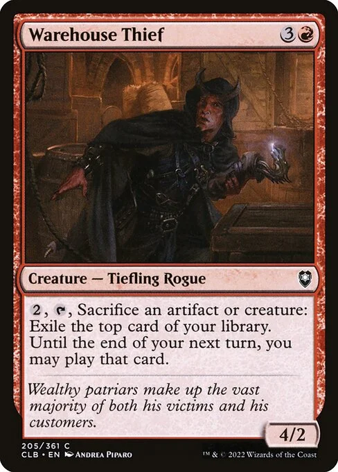 Warehouse Thief, carta Magic di tipo Creature — Tiefling Rogue illustrata da Andrea Piparo