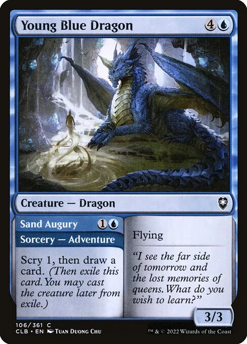 Young Blue Dragon // Sand Augury, carta Magic di tipo Creature — Dragon // Sorcery — Adventure illustrata da Tuan Duong Chu