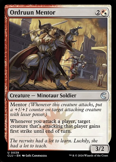 Ordruun Mentor, carta Magic di tipo Creature — Minotaur Soldier illustrata da Loïc Canavaggia