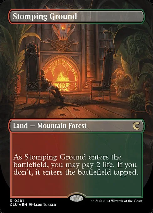 Stomping Ground, carta Magic di tipo Land — Mountain Forest illustrata da Leon Tukker