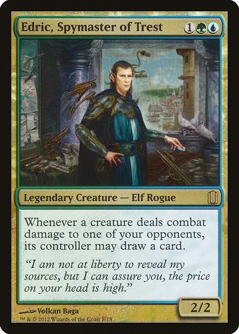 Edric, Spymaster of Trest, carta Magic di tipo Legendary Creature — Elf Rogue illustrata da Volkan Baǵa