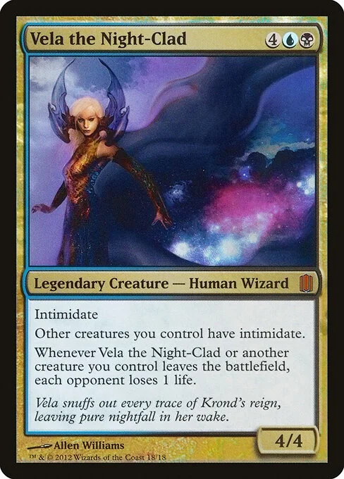 Vela the Night-Clad, carta Magic di tipo Legendary Creature — Human Wizard illustrata da Allen Williams