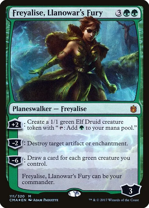Freyalise, Llanowar's Fury, carta Magic di tipo Legendary Planeswalker — Freyalise illustrata da Adam Paquette
