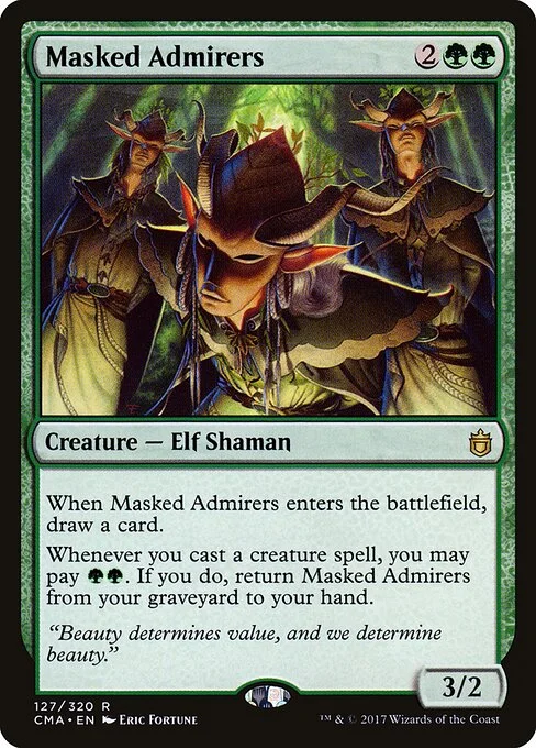 Masked Admirers, carta Magic di tipo Creature — Elf Shaman illustrata da Eric Fortune