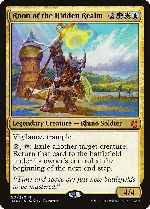 Roon of the Hidden Realm, carta Magic di tipo Legendary Creature — Rhino Soldier illustrata da Steve Prescott