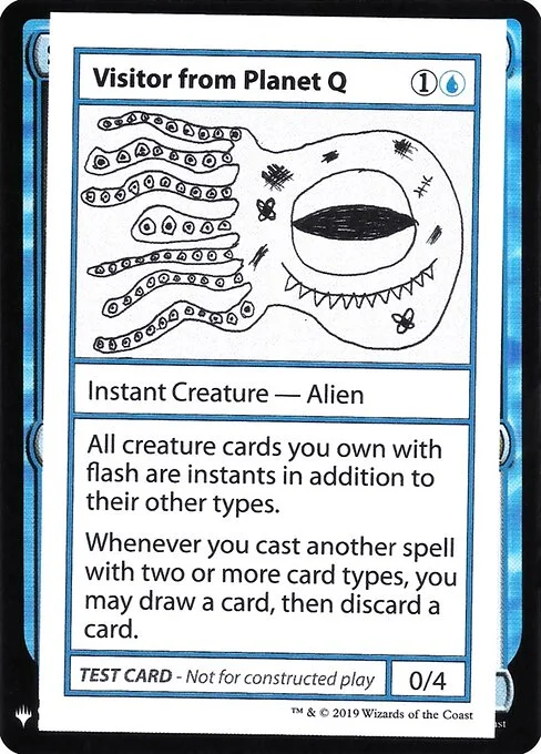 Visitor from Planet Q, carta Magic di tipo Instant Creature — Alien illustrata da Lucy Meaden