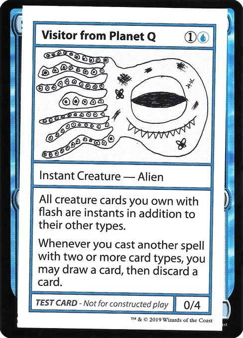 Visitor from Planet Q, carta Magic di tipo Instant Creature — Alien illustrata da Lucy Meaden
