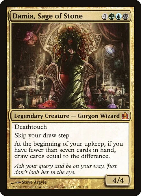 Damia, Sage of Stone, carta Magic di tipo Legendary Creature — Gorgon Wizard illustrata da Steve Argyle