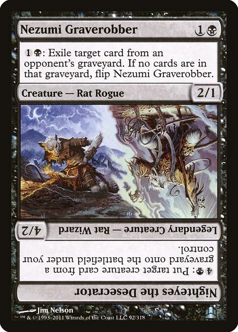 Nezumi Graverobber // Nighteyes the Desecrator, carta Magic di tipo Creature — Rat Rogue // Legendary Creature — Rat Wizard illustrata da Jim Nelson