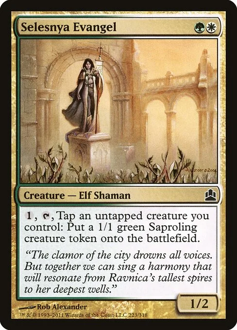 Selesnya Evangel, carta Magic di tipo Creature — Elf Shaman illustrata da Rob Alexander