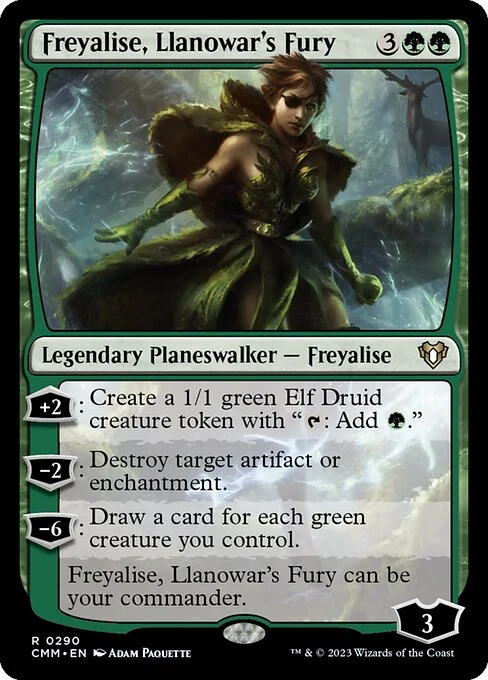 Freyalise, Llanowar's Fury, carta Magic di tipo Legendary Planeswalker — Freyalise illustrata da Adam Paquette