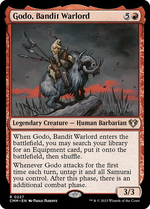 Godo, Bandit Warlord, carta Magic di tipo Legendary Creature — Human Barbarian illustrata da Paolo Parente