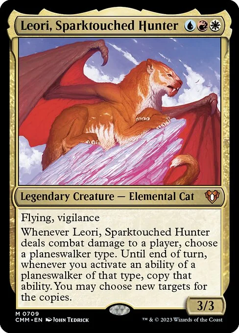 Leori, Sparktouched Hunter, carta Magic di tipo Legendary Creature — Elemental Cat illustrata da John Tedrick