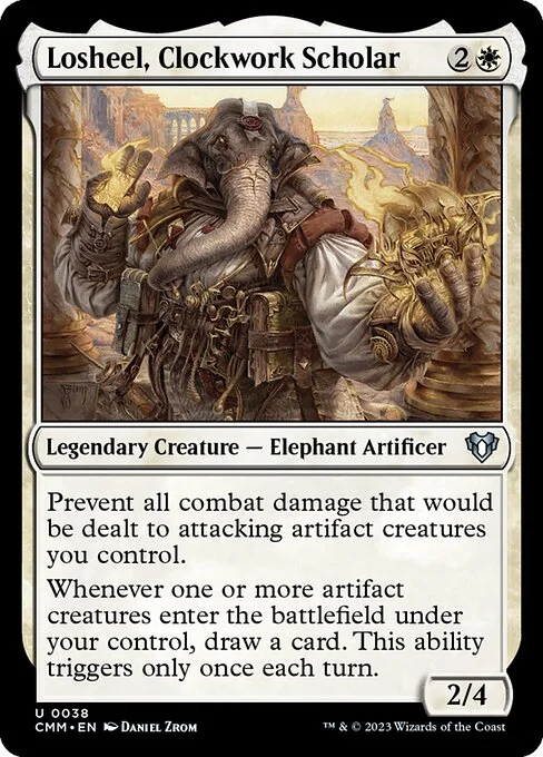 Losheel, Clockwork Scholar, carta Magic di tipo Legendary Creature — Elephant Artificer illustrata da Daniel Zrom
