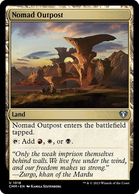 Nomad Outpost, carta Magic di tipo Land illustrata da Kamila Szutenberg