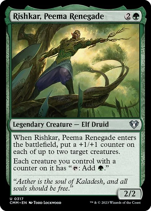 Rishkar, Peema Renegade, carta Magic di tipo Legendary Creature — Elf Druid illustrata da Todd Lockwood
