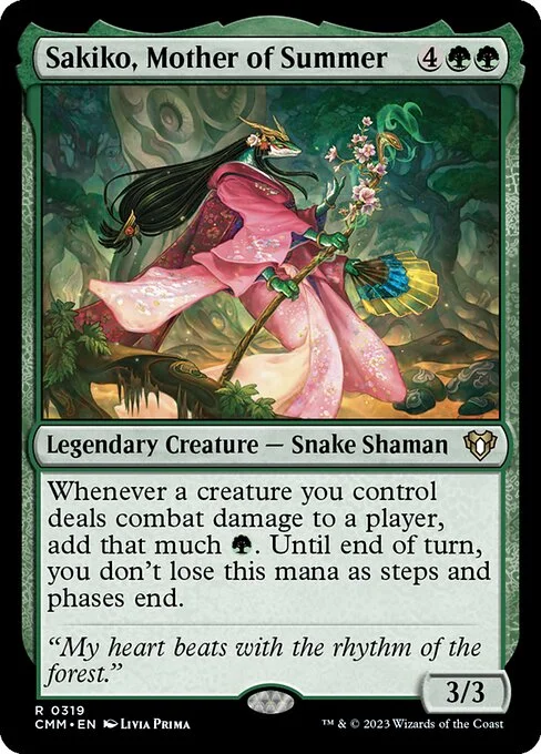 Sakiko, Mother of Summer, carta Magic di tipo Legendary Creature — Snake Shaman illustrata da Livia Prima