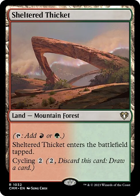 Sheltered Thicket, carta Magic di tipo Land — Mountain Forest illustrata da Sung Choi