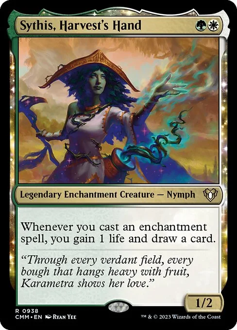 Sythis, Harvest's Hand, carta Magic di tipo Legendary Enchantment Creature — Nymph illustrata da Ryan Yee