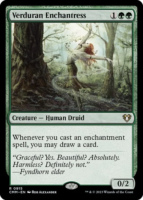 Verduran Enchantress, carta Magic di tipo Creature — Human Druid illustrata da Rob Alexander