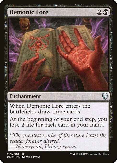 Demonic Lore, carta Magic di tipo Enchantment illustrata da Mila Pesic