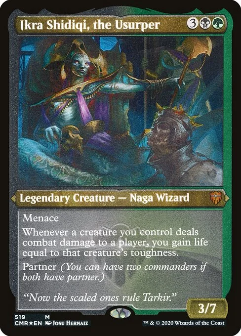 Ikra Shidiqi, the Usurper, carta Magic di tipo Legendary Creature — Snake Wizard illustrata da Josu Hernaiz