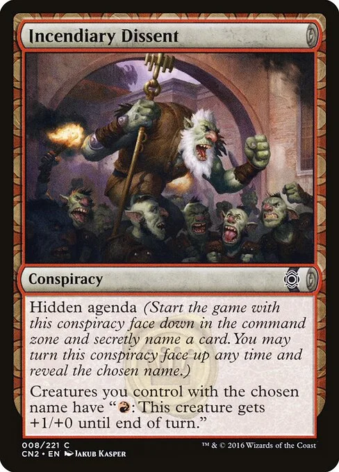 Incendiary Dissent, carta Magic di tipo Conspiracy illustrata da Jakub Kasper