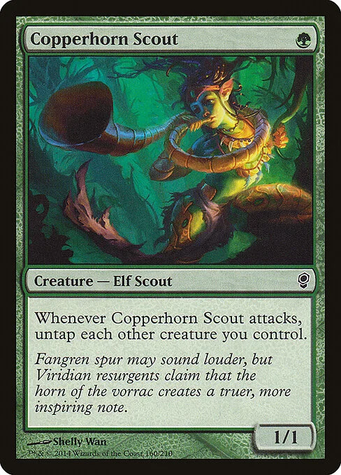 Copperhorn Scout, carta Magic di tipo Creature — Elf Scout illustrata da Shelly Wan