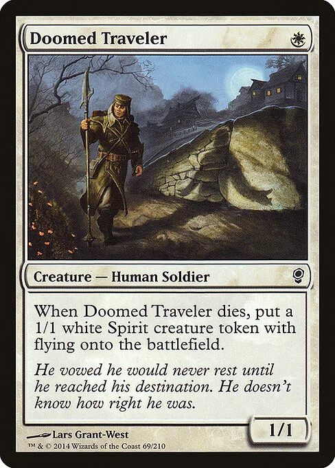 Doomed Traveler, carta Magic di tipo Creature — Human Soldier illustrata da Lars Grant-West