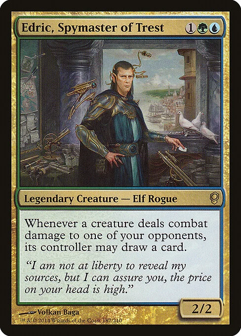 Edric, Spymaster of Trest, carta Magic di tipo Legendary Creature — Elf Rogue illustrata da Volkan Baǵa