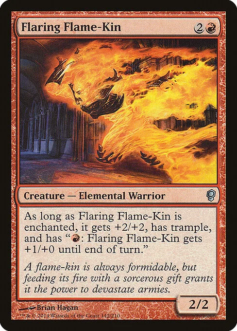 Flaring Flame-Kin, carta Magic di tipo Creature — Elemental Warrior illustrata da Brian Hagan