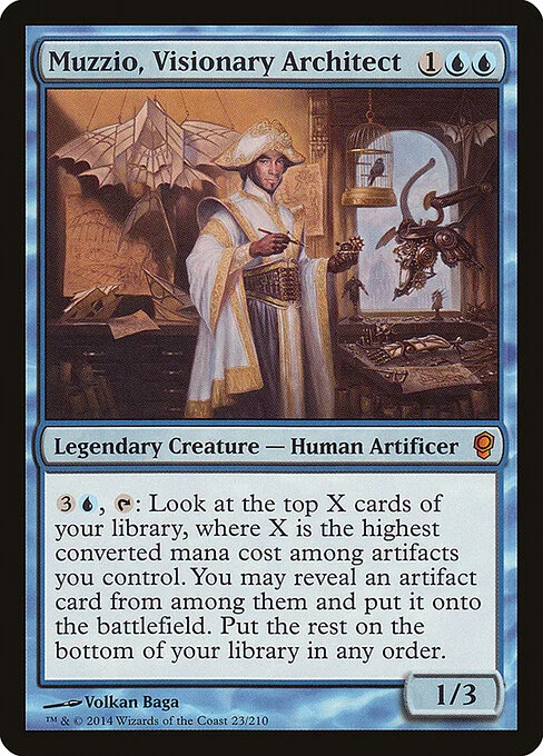 Muzzio, Visionary Architect, carta Magic di tipo Legendary Creature — Human Artificer illustrata da Volkan Baǵa