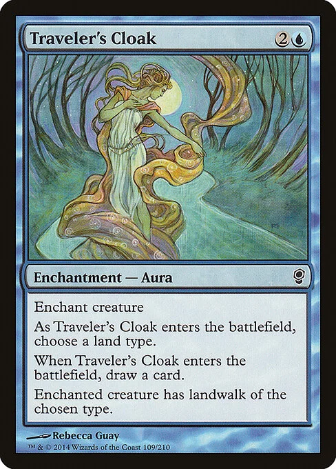 Traveler's Cloak, carta Magic di tipo Enchantment — Aura illustrata da Rebecca Guay
