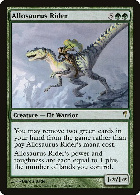 Allosaurus Rider, carta Magic di tipo Creature — Elf Warrior illustrata da Daren Bader