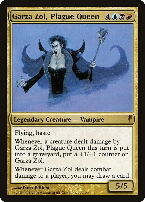 Garza Zol, Plague Queen, carta Magic di tipo Legendary Creature — Vampire Noble illustrata da Darrell Riche