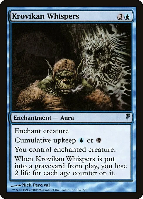 Krovikan Whispers, carta Magic di tipo Enchantment — Aura illustrata da Nick Percival