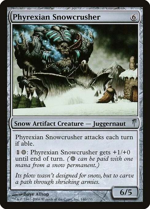 Phyrexian Snowcrusher, carta Magic di tipo Snow Artifact Creature — Phyrexian Juggernaut illustrata da Dave Allsop