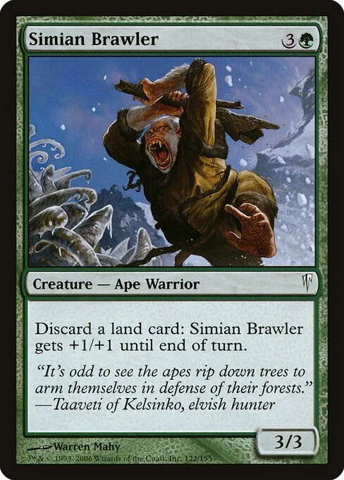 Simian Brawler, carta Magic di tipo Creature — Ape Warrior illustrata da Warren Mahy