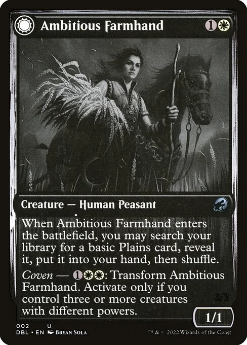Ambitious Farmhand // Seasoned Cathar, carta Magic di tipo Creature — Human Peasant // Creature — Human Knight illustrata da Bryan Sola
