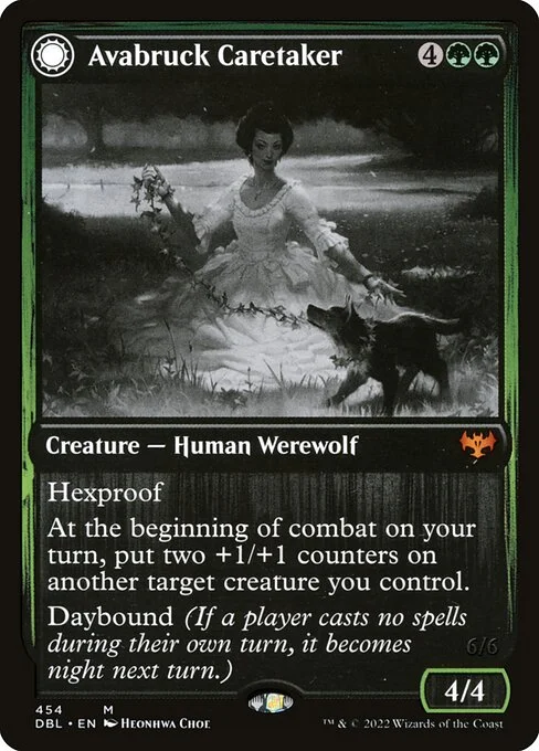 Avabruck Caretaker // Hollowhenge Huntmaster, carta Magic di tipo Creature — Human Werewolf // Creature — Werewolf illustrata da Heonhwa