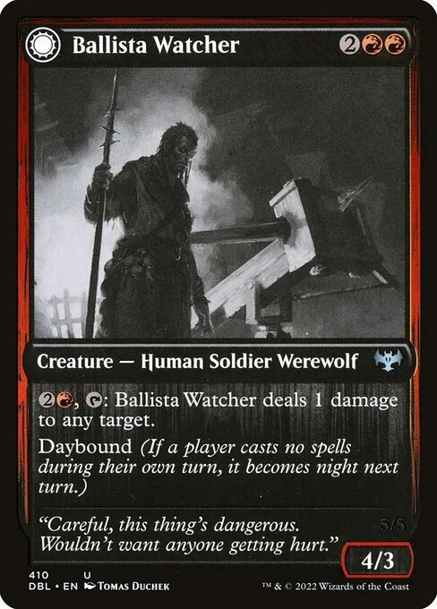 Ballista Watcher // Ballista Wielder, carta Magic di tipo Creature — Human Soldier Werewolf // Creature — Werewolf illustrata da Tomas Duchek