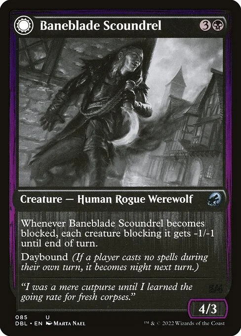 Baneblade Scoundrel // Baneclaw Marauder, carta Magic di tipo Creature — Human Rogue Werewolf // Creature — Werewolf illustrata da Marta Nael