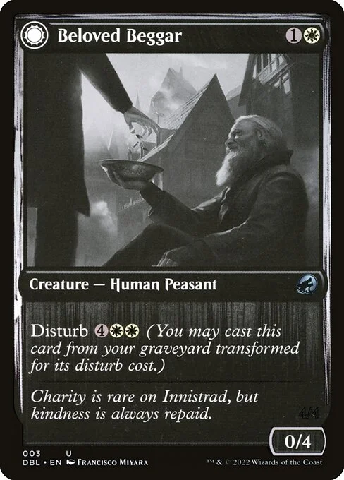 Beloved Beggar // Generous Soul, carta Magic di tipo Creature — Human Peasant // Creature — Spirit illustrata da Francisco Miyara