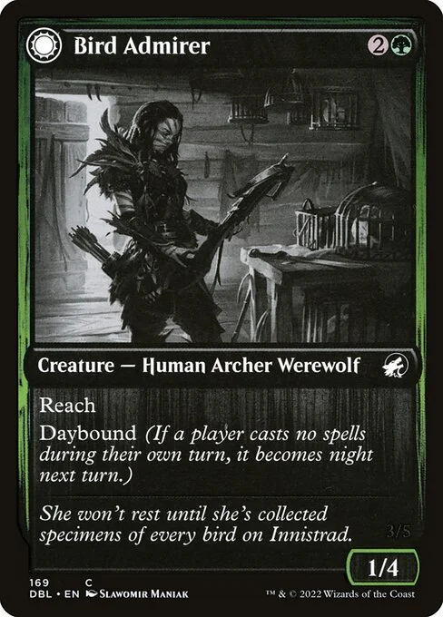 Bird Admirer // Wing Shredder, carta Magic di tipo Creature — Human Archer Werewolf // Creature — Werewolf illustrata da Slawomir Maniak