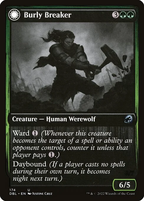 Burly Breaker // Dire-Strain Demolisher, carta Magic di tipo Creature — Human Werewolf // Creature — Werewolf illustrata da Justine Cruz
